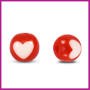 Acryl kralen rond 8mm hart rood - wit