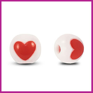 Acryl kralen rond 8mm hart wit - rood