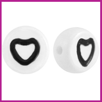 Letterkraal acryl wit/zwart rond 7 mm open hartje