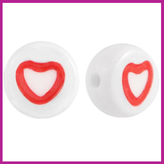 Letterkraal acryl wit/rood rond 7 mm open hartje