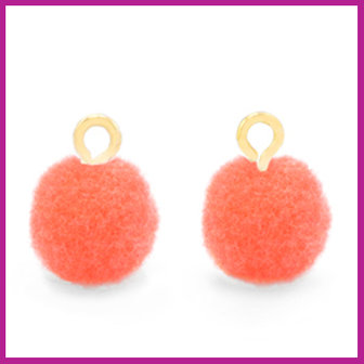 Pompom bedel met goud ringetje &Oslash;10mm coral orange