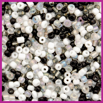 Rocailles 8/0 (3mm) mix zwart wit crystal AB