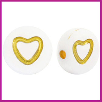 Letterkraal acryl wit/goud rond 7 mm open hartje