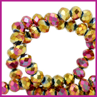 Glaskraal top facet disc 4x3mm gold magenta diamond metallic