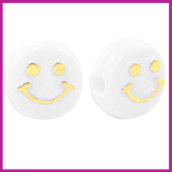 Letterkraal acryl rond 10mm smiley wit/goud