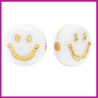 Letterkraal acryl wit/goud rond 7 mm smiley