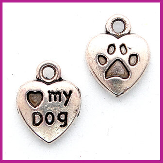 Metaal bedel hartje &quot;♡ my dog&quot; antiek zilver