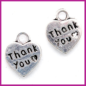 Metaal bedel hartje &quot;thank you ♡&quot; antiek zilver