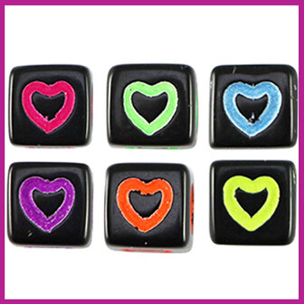 Letterkraal acryl blokje 7mm hartje zwart/neon