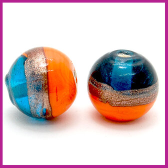 DQ glaskraal lampwork rond blauw oranje goud