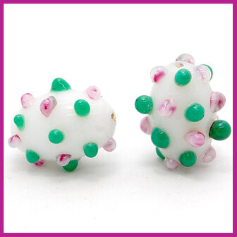 DQ glaskraal lampwork dots ovaal wit groen roze