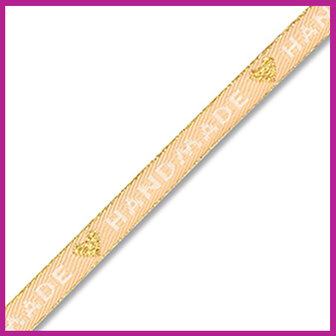 Lint met tekst &#039;&#039;Handmade&#039;&#039; beige wit met goud hartje en randje