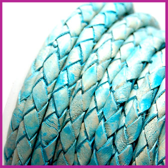 DQ leer gevlochten rond 4mm Vintage turquoise blauw per cm