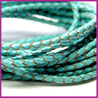 DQ leer gevlochten rond 3mm Turquoise per cm