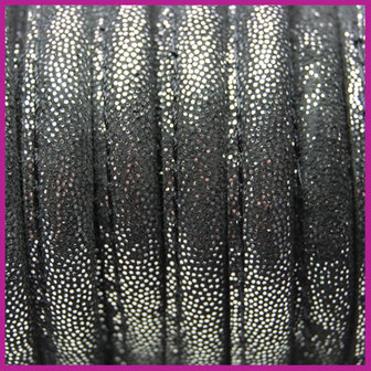 DQ Leer stitched +/- 8x5mm zwart zilver antique los stuk 21,5cm