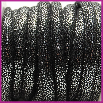 Gestikt leer imitatie 6x4mm Black sparkling silver per cm