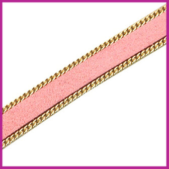 Imitatie 10mm plat leer sude met ketting Goud - roze per 10cm