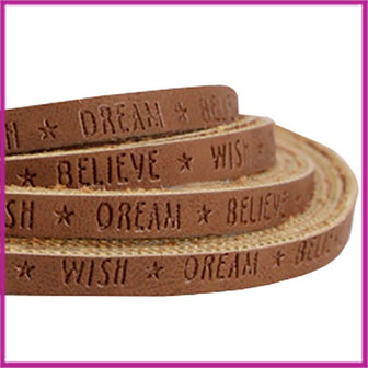 Imitatie leer plat 5mm quote &quot;WISH DREAM BELIEVE&quot; Walnut bro per 20cm