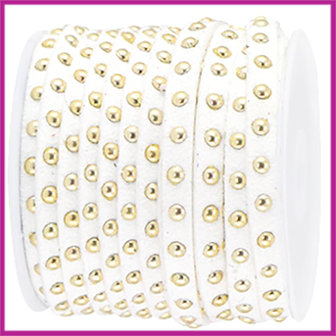 Imitatie suede veter 5mm met studs goud - wit per 20cm