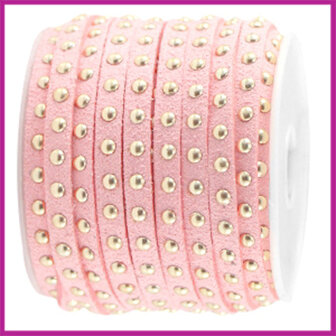 Imitatie suede veter 5mm met studs goud-bright strawberry per 20cm