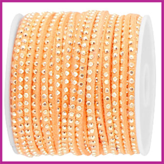 Imitatie suede veter 3mm met strass goud - bright coral per 20cm