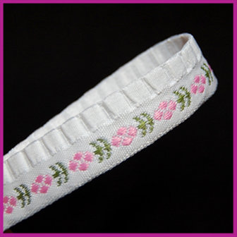 Lint 15 mm wit met groen/roze stiksels 1 meter