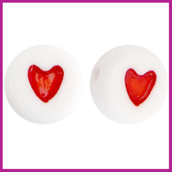 Letterkraal acryl wit/rood rond 7 mm hartje