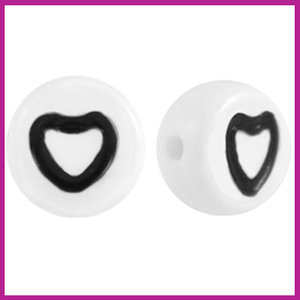 Letterkraal acryl wit/zwart rond 7 mm open hartje