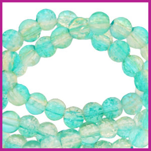 Glaskraal crackle Ø6mm bleached aqua blue
