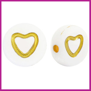 Letterkraal acryl wit/goud rond 7 mm open hartje