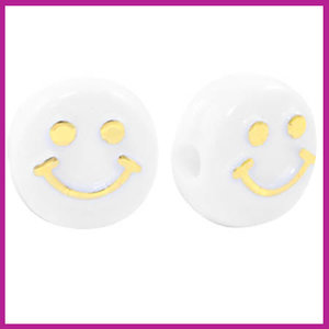 Letterkraal acryl rond 10mm smiley wit/goud