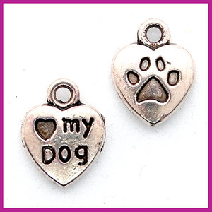 Metaal bedel hartje "♡ my dog" antiek zilver