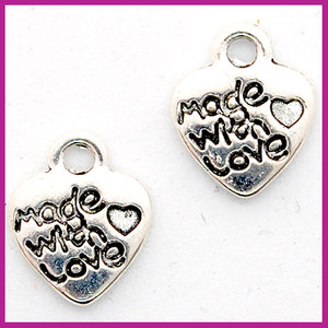 Metaal bedel hartje "made with love ♡" antiek zilver