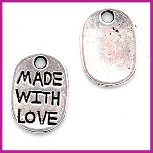 Metaal bedel ovaal "made with love" antiek zilver