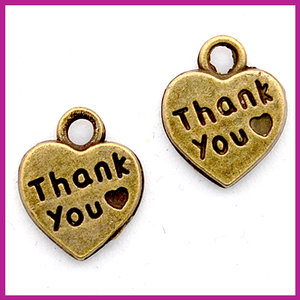 Metaal bedel hartje "thank you ♡" antiek brons