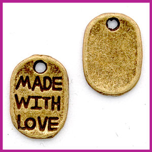 Metaal bedel ovaal "made with love" antiek brons