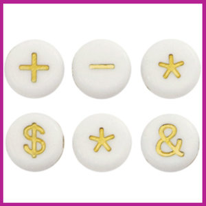Letterkraal acryl wit/goud rond 7 mm symbol mix