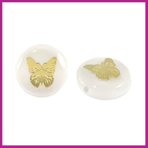 DQ glaskraal rondel shell look vlinder wit goud