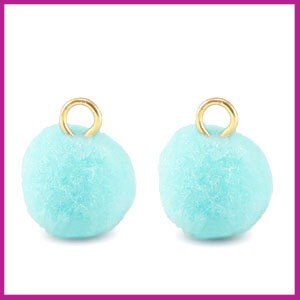 Pompom bedel Ø12mm met goud ringetje aquamarine blue