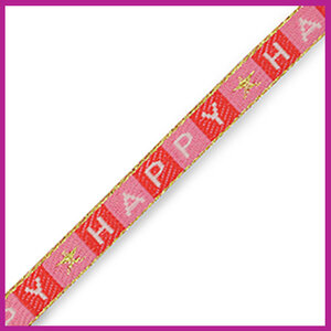 Lint met tekst ''happy'' rood roze met goud randje
