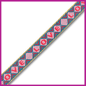 Lint met tekst ''love'' turquoise blauw roze rood met goud randje