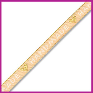Lint met tekst ''Handmade'' beige wit met goud hartje en randje
