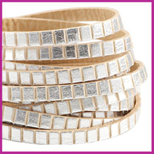 DQ leer plat 5mm blokjes Zilver - beige ca. 20cm