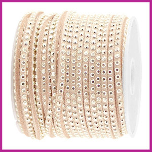 Imitatie suede veter 3mm met strass goud - silk beige bruin per 20cm