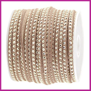 Imitatie suede veter 3mm met strass goud - nude bruin per 20cm
