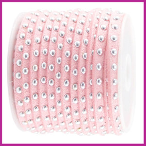 Imitatie suede veter 5mm met studs zilver-bright strawberry per 20cm