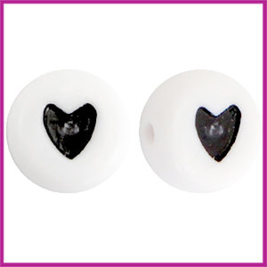 Letterkraal acryl wit/zwart rond 7 mm hartje