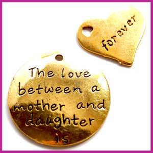 Metaal bedel moeder/dochter rond 30mm + hart 19mm Goud