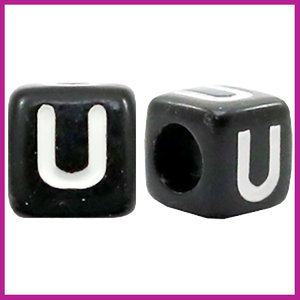Letterkraal acryl zwart/wit blokje 6x6 mm U