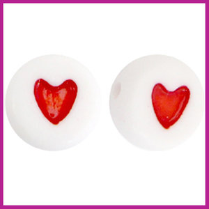 Letterkraal acryl wit/rood rond 7 mm hartje
